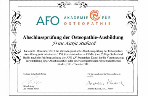 Urkunde Akademie für Osteopathie College Sutherland